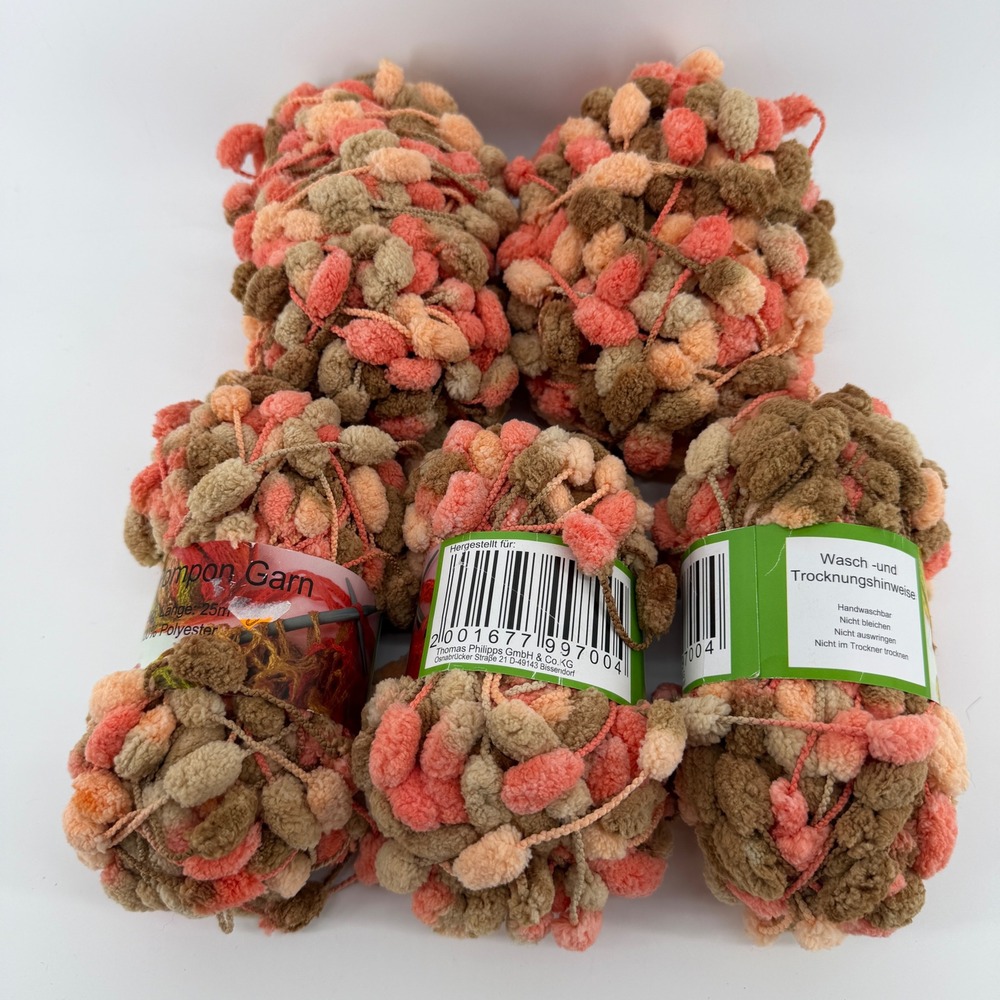 Thomas Philipps Pompon Garn Yarn Lot 5 Skeins Peach Tan Brown 100% Polyester 50g